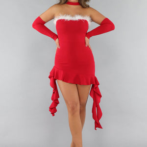 SALE30 Rode Ribstof Ruffle Kerst Jurk