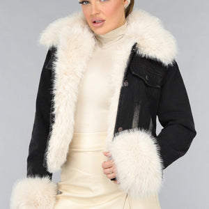 SALE30 Zwart Jeans Jasje met Bontkraag