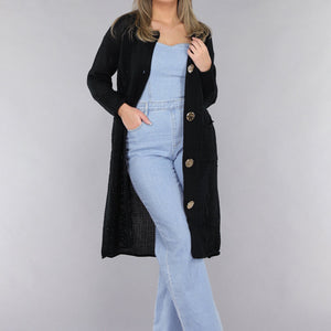 SALE30 Zwart Oversized Gebreid Vest met Grote Knopen