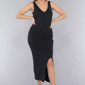 SALE30 Zwarte Ribstof Stretch V Hals Midi Jurk