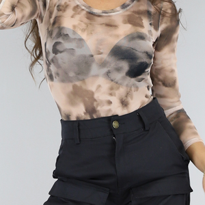 SALE50 Beige Mesh Bodysuit met Print