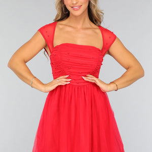 SALE50 Korte Rode Tule Jurk met Parels
