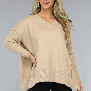 SALE50 Lichtbruine Trui met V Hals