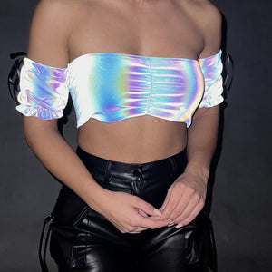 SALE50 Reflecterende Off Shoulder Top