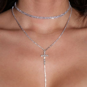 TERUG Lange Zilveren Strass ketting met Kruis Detail