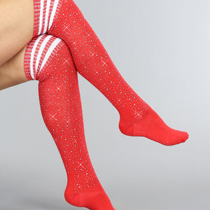 TERUG Rode Strass Sokken met Witte Strepen