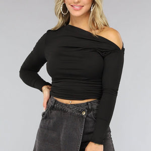 Zwarte Geplooide Top met Lange Mouwen