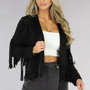 Zwarte Suèdelook Franje Jas