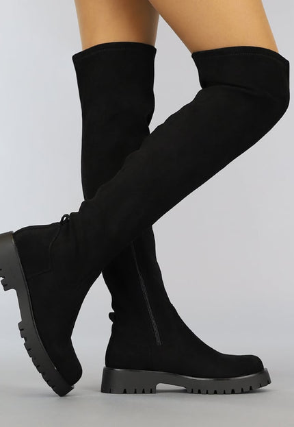 A-A Zwarte Suède-Look Overknee Laarzen met Grove Zool