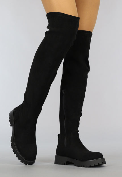A-A Zwarte Suède-Look Overknee Laarzen met Grove Zool