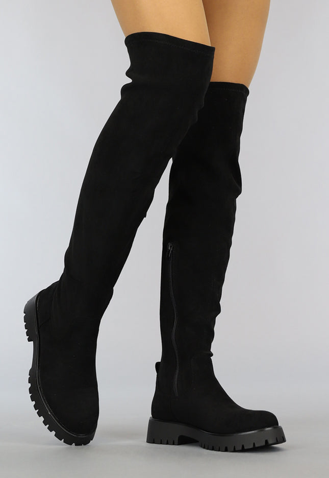 A-A Zwarte Suède-Look Overknee Laarzen met Grove Zool