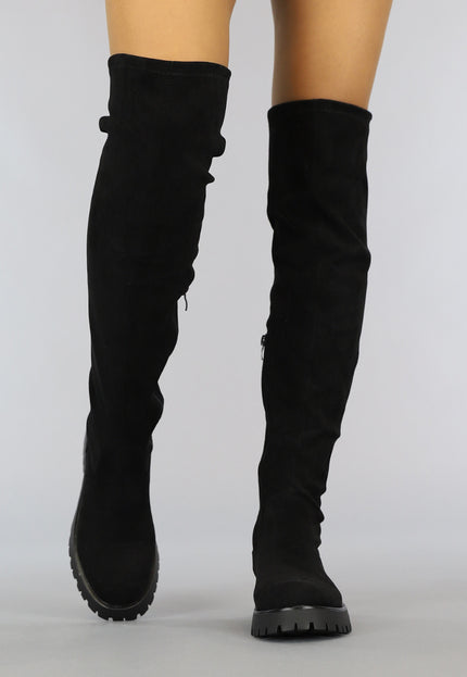 A-A Zwarte Suède-Look Overknee Laarzen met Grove Zool