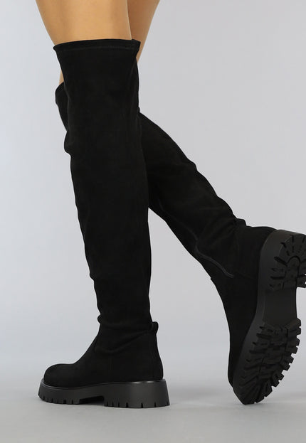 A-A Zwarte Suède-Look Overknee Laarzen met Grove Zool