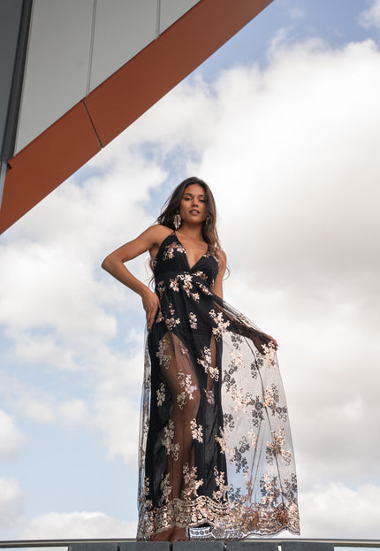 Zwart/Rosé Pailletten Jurk met Dubbele Split