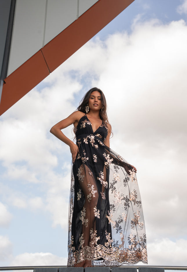 Zwart/Rosé Pailletten Jurk met Dubbele Split