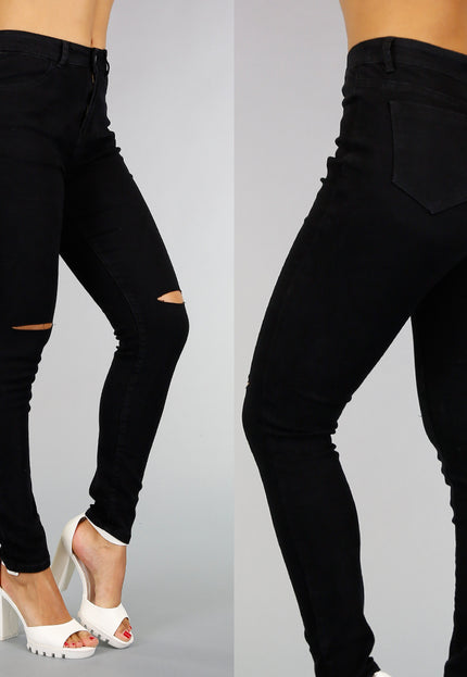 Basic Zwarte High Waist Ripped Knees Jeans