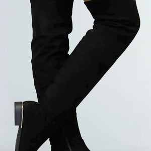 Basic Zwarte Suède-Look Overknee Laarzen met Kleine Hak