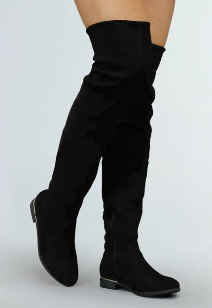 Basic Zwarte Suède-Look Overknee Laarzen met Kleine Hak
