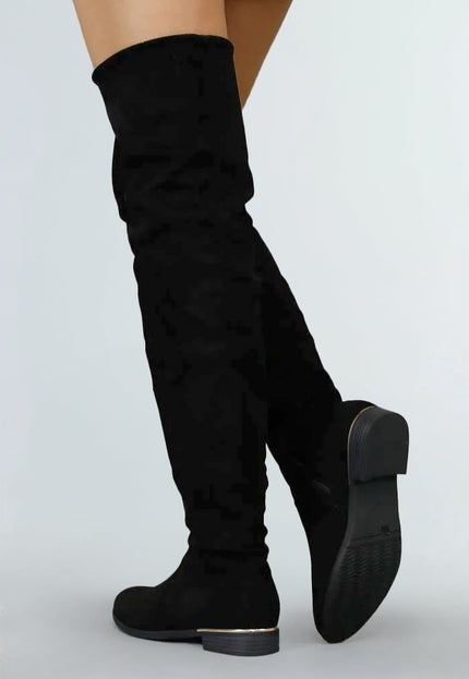 Basic Zwarte Suède-Look Overknee Laarzen met Kleine Hak