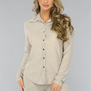 OP=OP.AV.12 Beige Glitter Blouse met Lange Mouwen