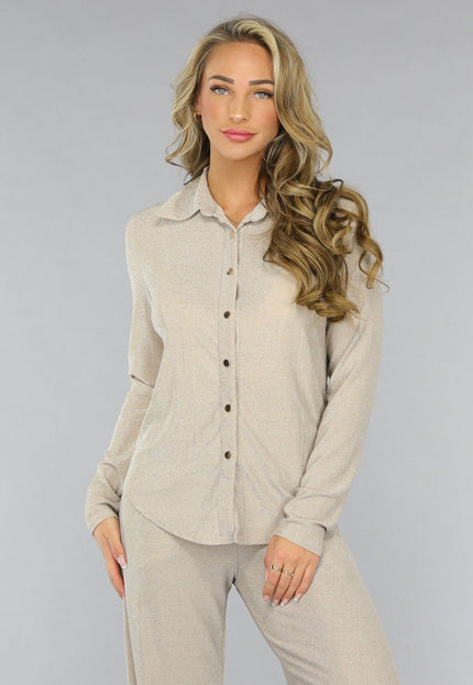 OP=OP.AV.12 Beige Glitter Blouse met Lange Mouwen