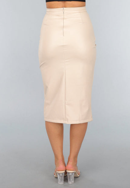 Beige Lederlook Midi Rok met Split