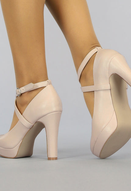 Beige Lederlook Pumps met Enkelbandje