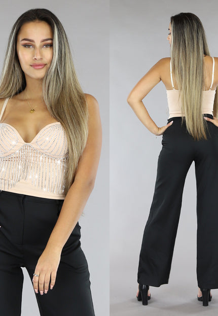 Beige Strass Top met Cups