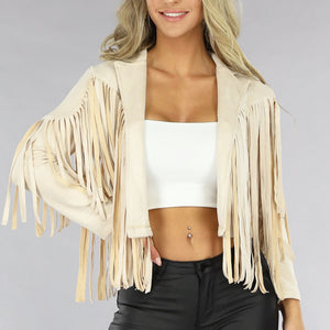 Beige Suèdelook Jas met Fringe Details