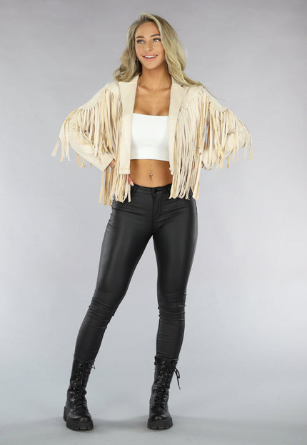 Beige Suèdelook Jas met Fringe Details