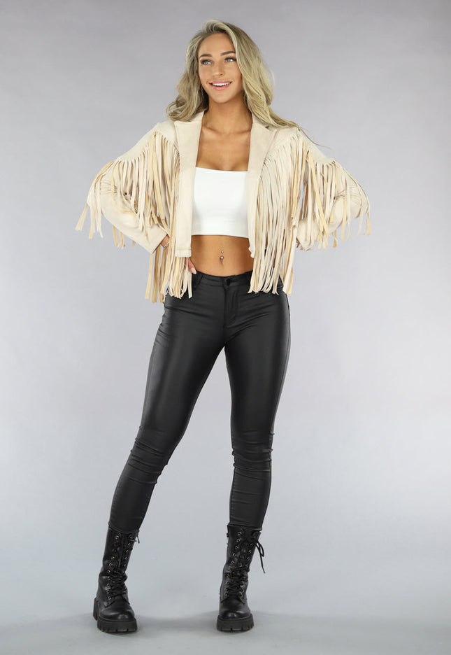 Beige Suèdelook Jas met Fringe Details