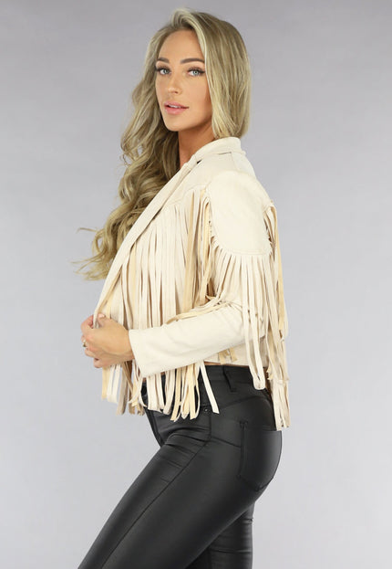 Beige Suèdelook Jas met Fringe Details
