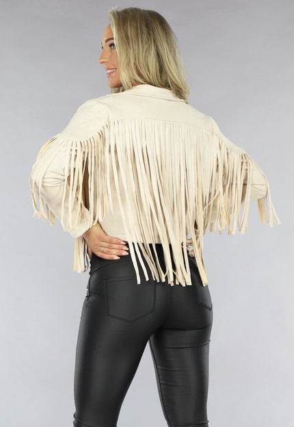 Beige Suèdelook Jas met Fringe Details