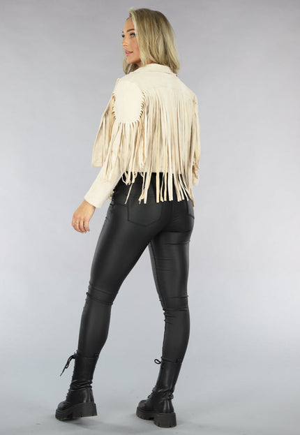 Beige Suèdelook Jas met Fringe Details