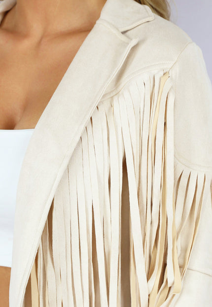 Beige Suèdelook Jas met Fringe Details