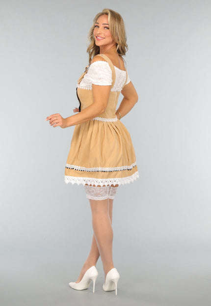 CARNA25 Beige Suèdelook Kostuum met Dirndl Jurk