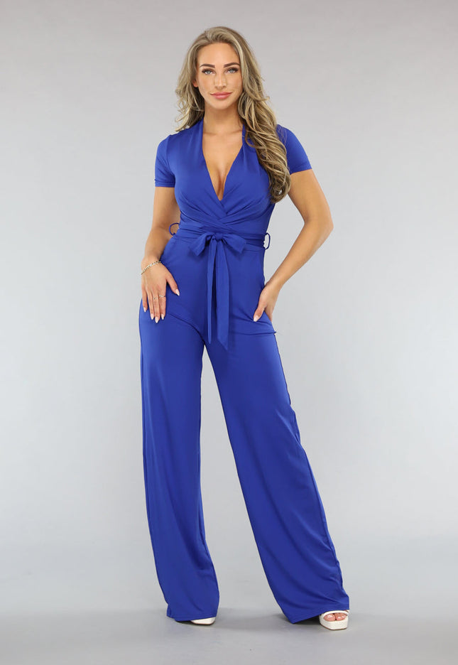 Blauwe Aansluitende Wide Leg Jumpsuit met Ceintuur