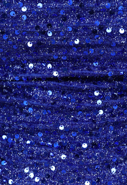 Blauwe Glitter Jurk met Gedrapeerde Hals