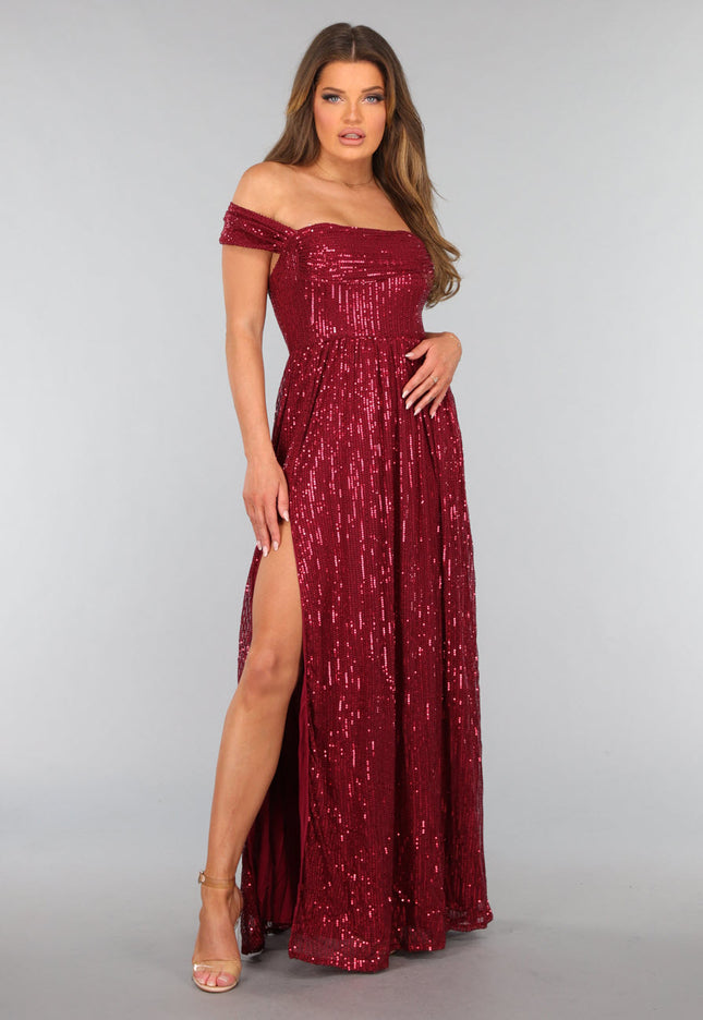 OP=OP.38.NL Bordeaux Rode Jurk met Schouder Detail