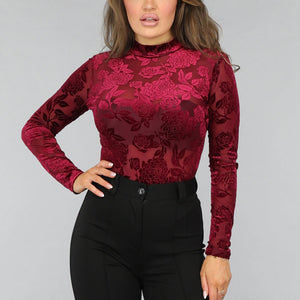 Bordeaux Rode Velvet Bloemen Bodysuit