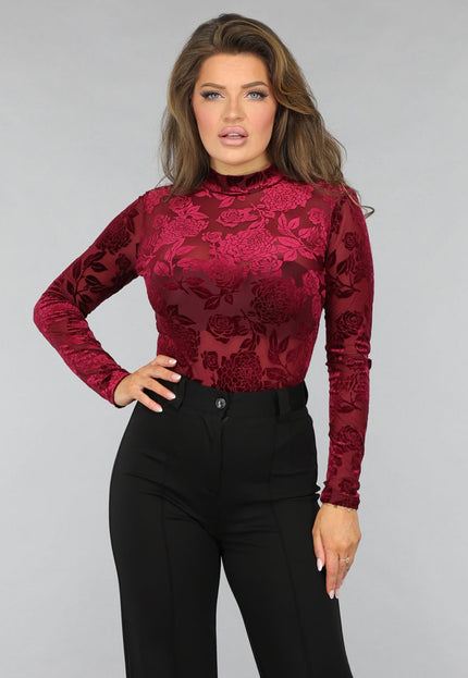 Bordeaux Rode Velvet Bloemen Bodysuit