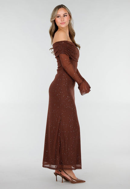 Bruine Off Shoulder Glitter Stretch Jurk
