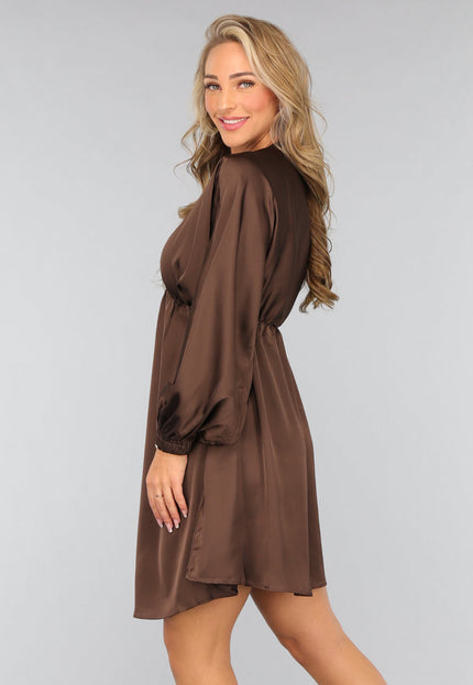 OP=OP.AV.12 Bruine Satijnen Jurk met V Hals