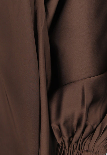 OP=OP.AV.12 Bruine Satijnen Jurk met V Hals