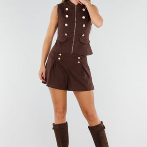Bruine Two Piece Set met Gouden Knopen