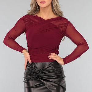 Burgundy Geplooide Mesh Top