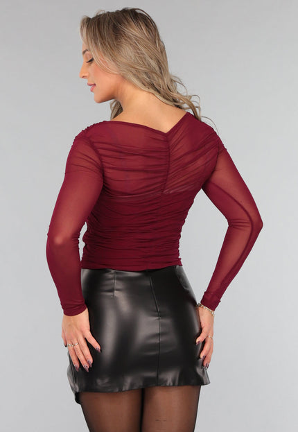 Burgundy Geplooide Mesh Top
