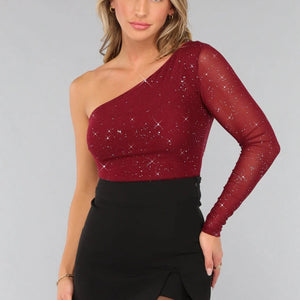 Burgundy One Sleeve Glitter Top