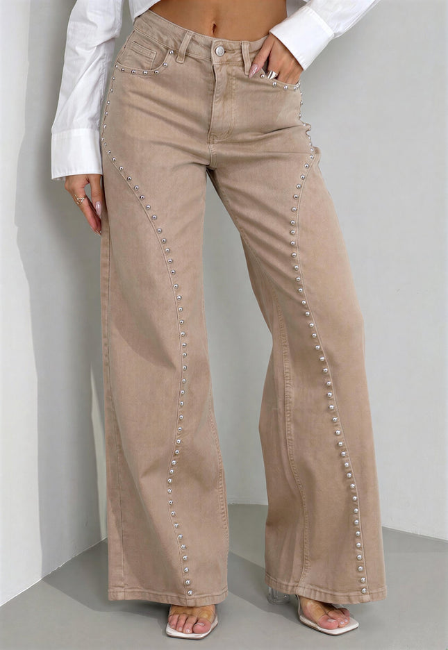 CAMPAGNEJEANS Beige Wide Leg Broek met Studs