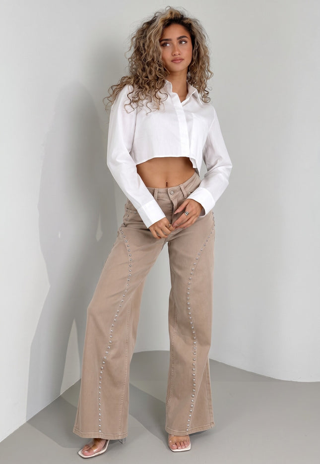 CAMPAGNEJEANS Beige Wide Leg Broek met Studs